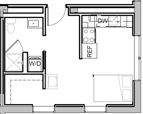 a floor plan of a small house with a bedroom and a living room